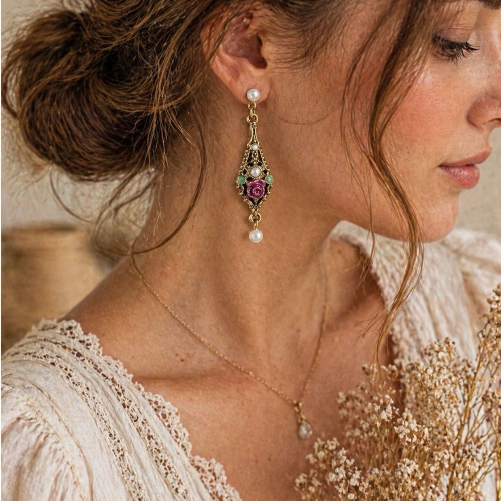 Vintage Filigree Rose Earrings Pearl Drop Gold Tone Floral Romantic Cottagecore